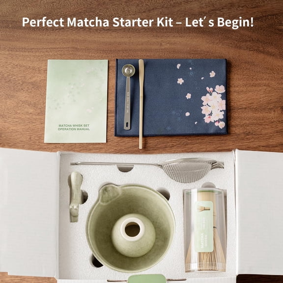 8 Pcs Matcha Whisk Set Matcha Set with Ceramic Bowl, Bamboo Whisk & Holder, Scoop, Sifter, Measuring Spoon, Scoop Rest & Tea Towel, Complete Gift Kit for Beginners & Tea Lovers