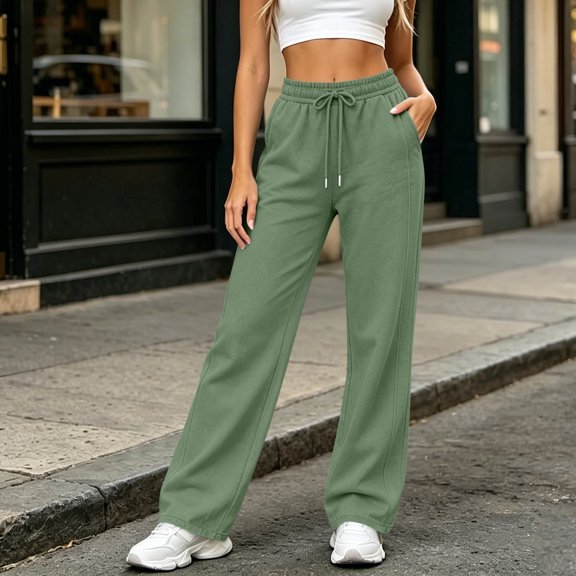 Kctiaxy Green Sweatpants Women High Waisted Drawstring Solid Color Long Joggers Wide Leg Comfy Lightweight Open Bottom Sports Pants with Pockets L