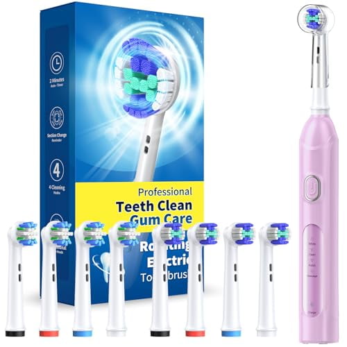 TEETHEORY Rotating Electric Toothbrush for Adults with 8 Brush Heads (2 Types), 4 Modes Deep Clean Electric Toothbrush with Rechargeable Power and 2 Min Smart Timer (Purple, Standard)