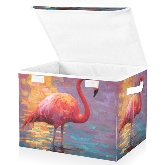 Foldable Fabric Storage Bin With Handle Collapsible Basket Box Storage With Lid Organizer Flamingo