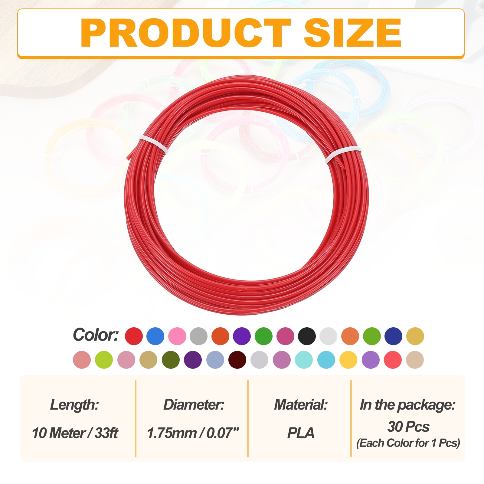 Uxcell 30 Pcs 3D Pen Filament, 1.75mm Dia 33ft Length PLA 3D Printing Pen Filament Refills for 1.75mm 3D Printing Pen, 30 Colors
