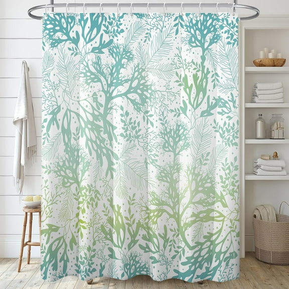 Nautical Coastal Waterproof Fabric Shower Curtain,Tropical Coral Beach Shower Curtains Sets for Bathroom,Ocean Blue and Teal Bath Curtain with 12 Hooks 72x72 Inches