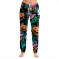 thumbnail image 2 of Women Halloween Pajama Pants Drawstring High Waist Pants Pumpkin Print Wide Leg Soft Lounge Sleep Pajamas Dark Green,XL, 2 of 5