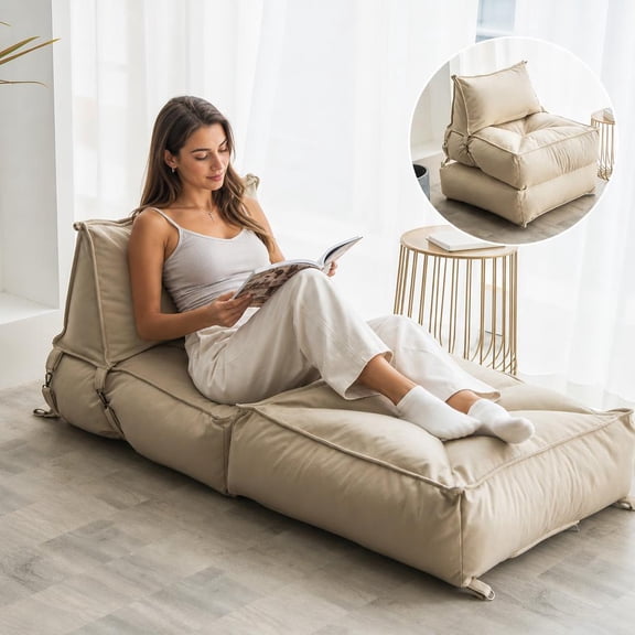 BEJOLO 2-in-1 Convertible Sofa Bed & Bean Bag Chair, Foldable Sleeper for Living Room, Bedroom, Office | Reclining Back, Space-Saving Design, White