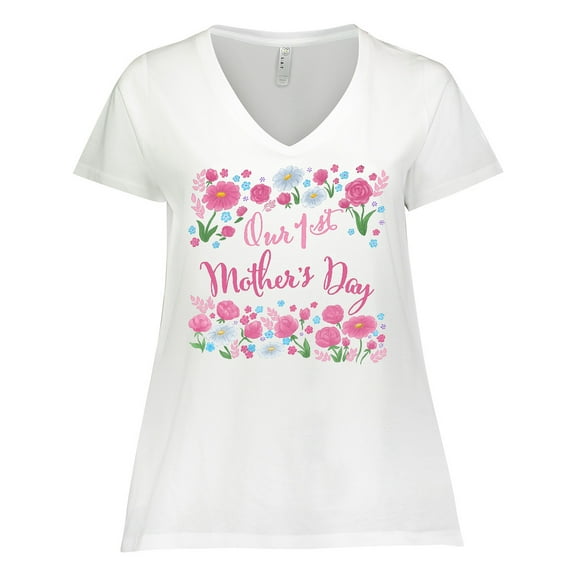 Inktastic Our First Mother's Day-Roses and Daisies Women's Plus Size V-Neck T-Shirt