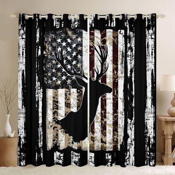 Manfei Vintage Moose Silhouette, USA Flag Kitchen Curtains, Camo Hunting Buck Black Out Curtains Pack of 2 (42x63 Each), Red White Black