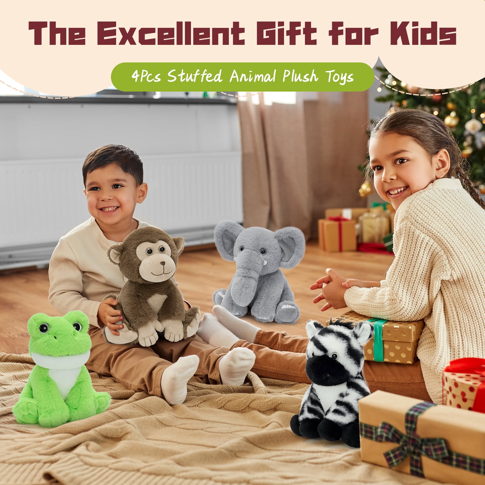 MaoGoLan 4-Packs 8" Soft Bulk Stuffed Animals and Plush Toys, Monkey, Zebra, Elephant,Frog Stuffed Plush