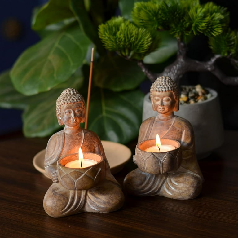 Baby Buddha Tea Light Holders Set of 2 Tan with White Patina Faux Stone Hand Cast Resin 5.5 Inches Tall