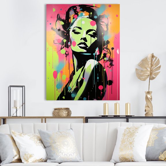 Designart "Graffiti Woman Portrait in Green & Pink II" Fashion Canvas Wall Art - Glam Green Woman Abstract Entryway Wall Art Print