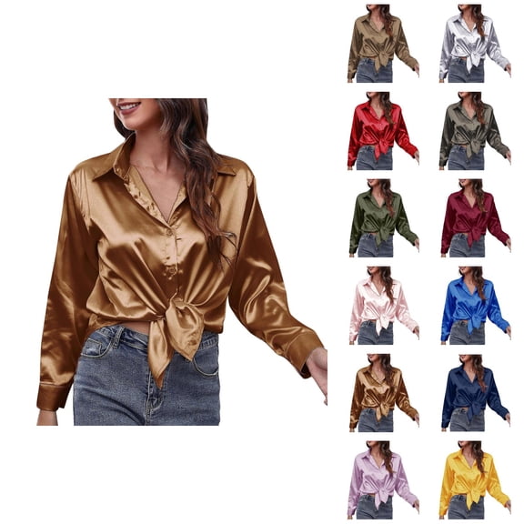 Satin Blouses for Women Long Sleeve Button Down Lapel Collar Silk Shirt Dressy Casual Tops Office Work Shirts