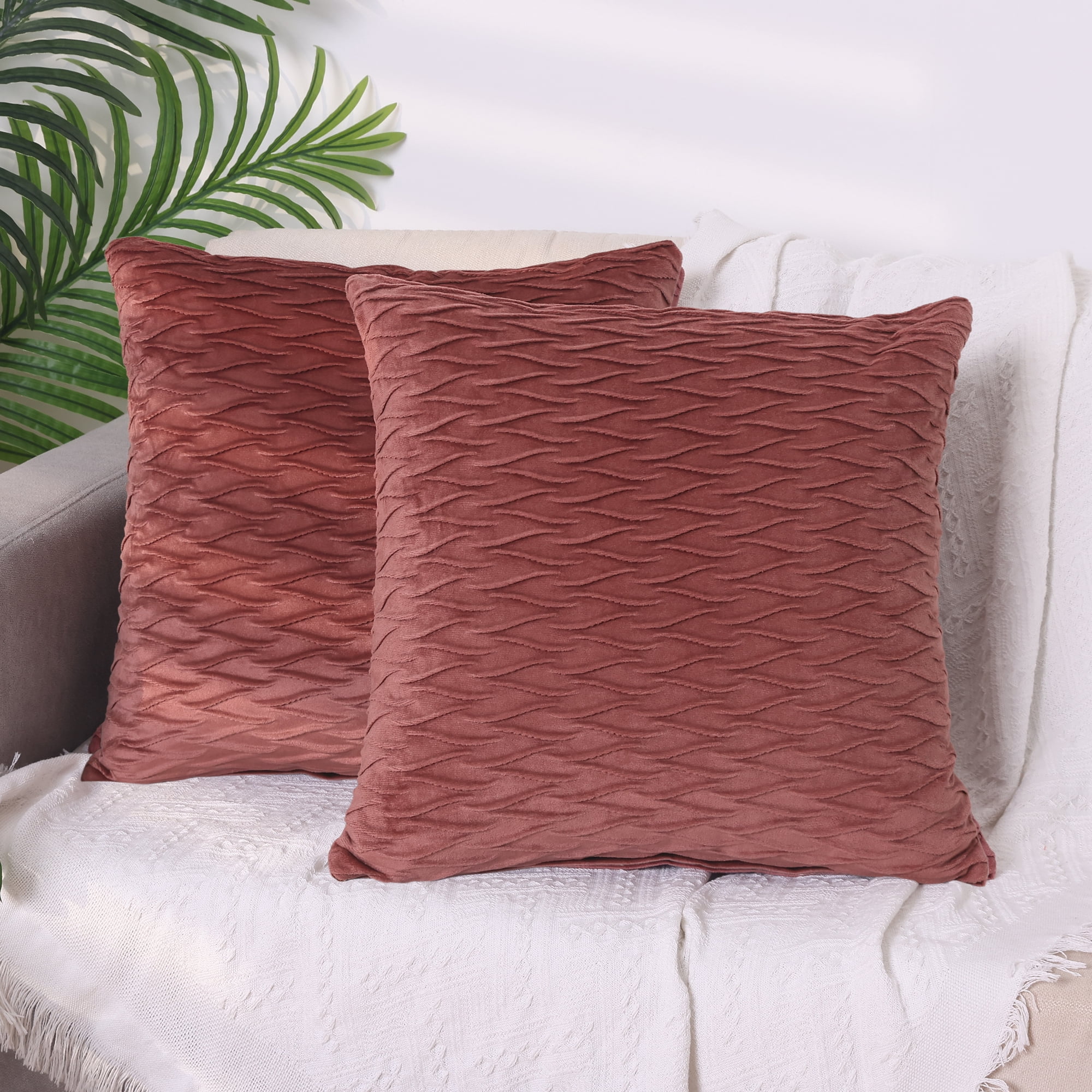 Unique Bargains 4 Solid Striped Square Decorative Throw Pillow Covers Textured Pillowcases Dark Pink 18" x 18"