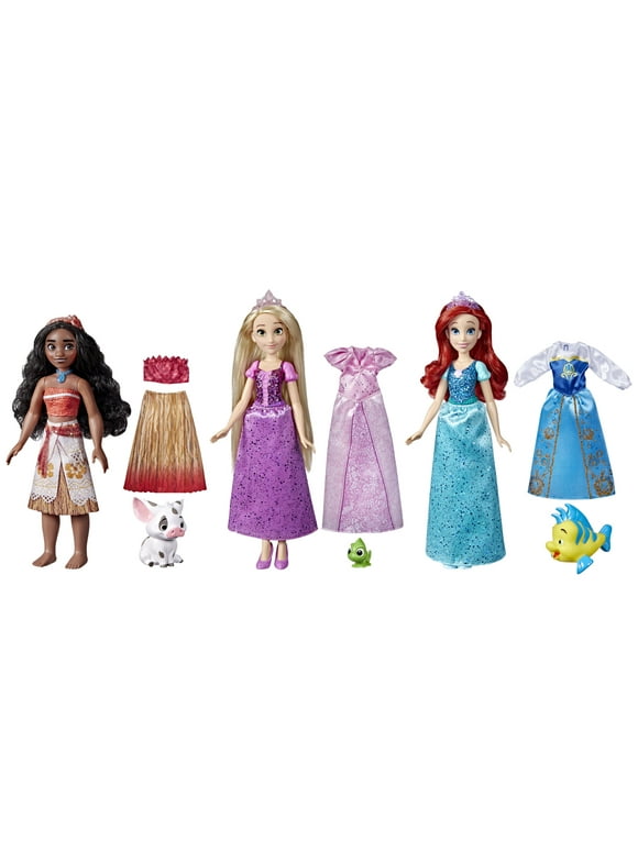 Disney Princess Royal Fashions and Friends 12 inch Fashion Doll, Ariel, Moana, and Rapunzel, Ages 4+