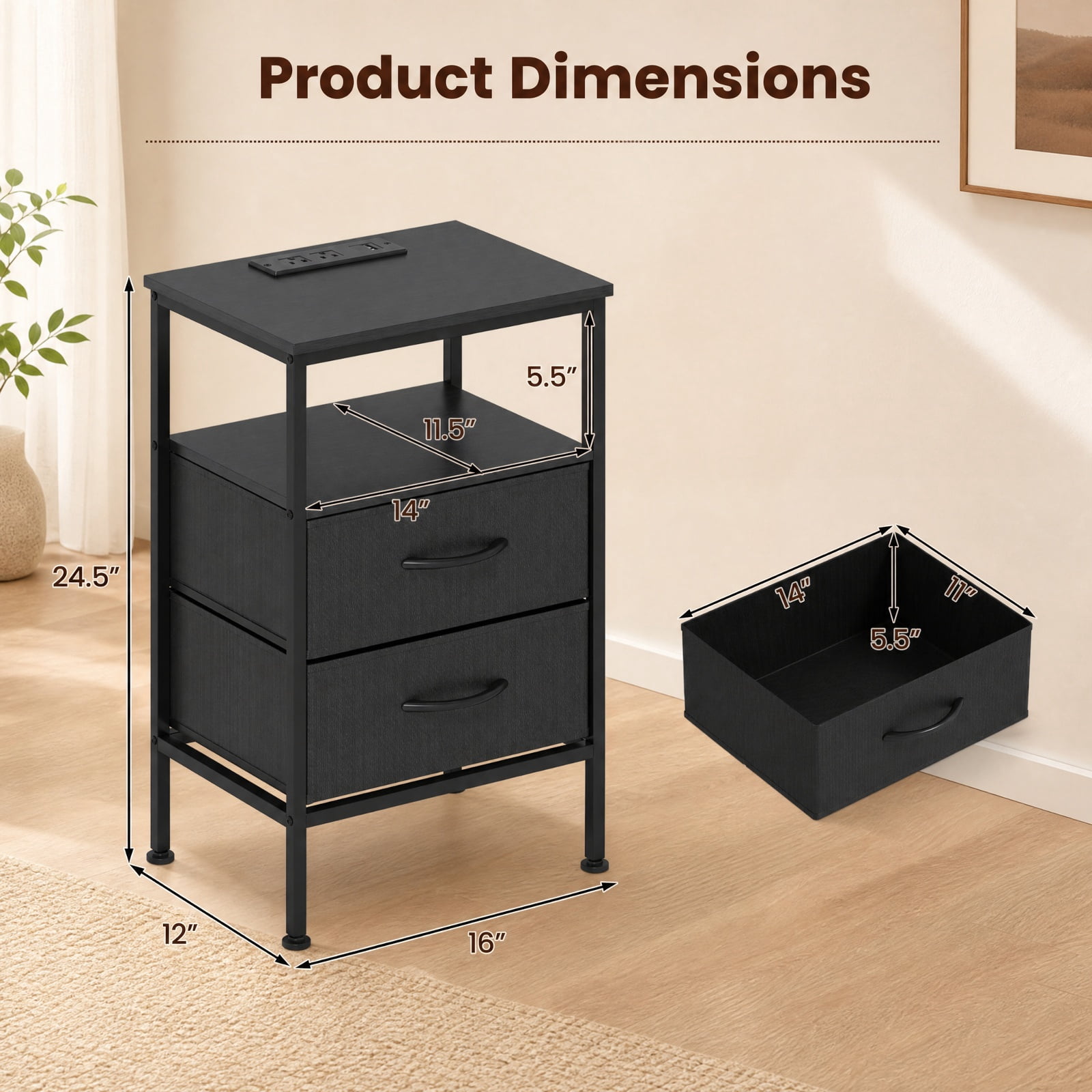 Furnibear Nightstand with Charging Station 24.5 inch Modern Bedside Table with 2 Fabric Drawers for Bedroom Living Room Bedside Sofa Side, Black