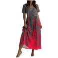 thumbnail image 2 of Pounoo Women's Maxi Dresses V Neck Short Sleeve Dresses Boho Vacation Style Lightweight Breathable Vintage Floral Print Side Slit Loose Fit Dresses Gift, 2 of 7