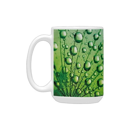 

Flower Decor Floral Theme Macro Photo of Dandelion Seeds with Water Drops Digital Image es Fern Gree Ceramic Mug (15 OZ) (Made In USA)