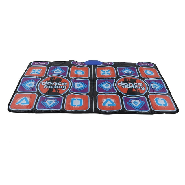 alfombrilla de baile musical, alfombrilla de baile electrónica, alfombrilla de baile iluminada, diseñada con precisión — alfombrilla rectangular multicolor de PVC de 160 x 92 cm con doble panel de flechas iluminadas y dos círculos centrales marcados “dance factory”; vista frontal completa que muestra teclas de dirección, botones select/start, puerto para host y cámara AR, adecuada para juegos, práctica de baile o uso recreativo en fiestas.