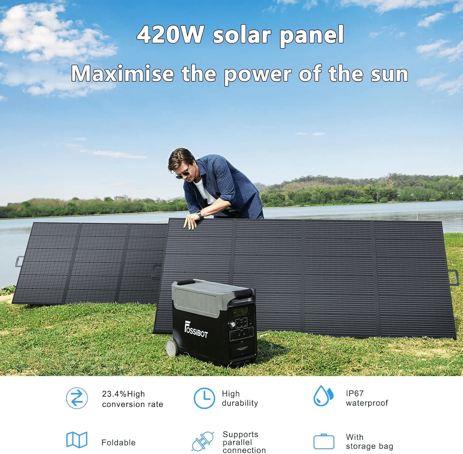 FOSSiBOT F3600 PRO 3600W Portable Power Station 3840Wh Capacity+ 420W Solar Panel,Solar Generator,3600W AC Output for Outdoor Camping,Home Backup,Emergency,RV,off-Grid