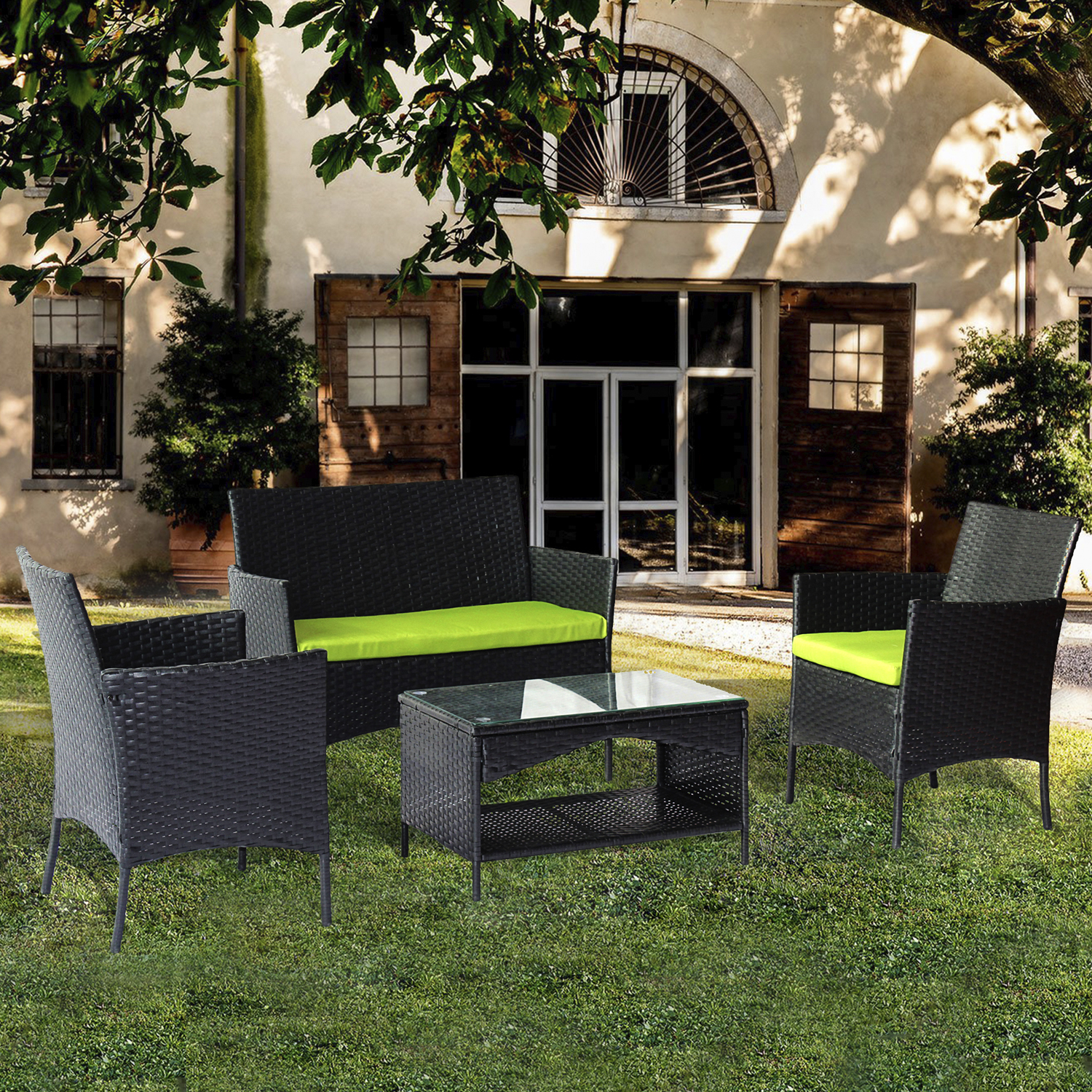 Uhomepro 4 Piece Bistro Patio Set, Rattan Wicker Outdoor Patio Furniture with 2pcs Arm Chairs, 1pc Love Seat, Coffee Table, Green Cushion, Dining for Backyard Poolside Garden - image 3 of 8