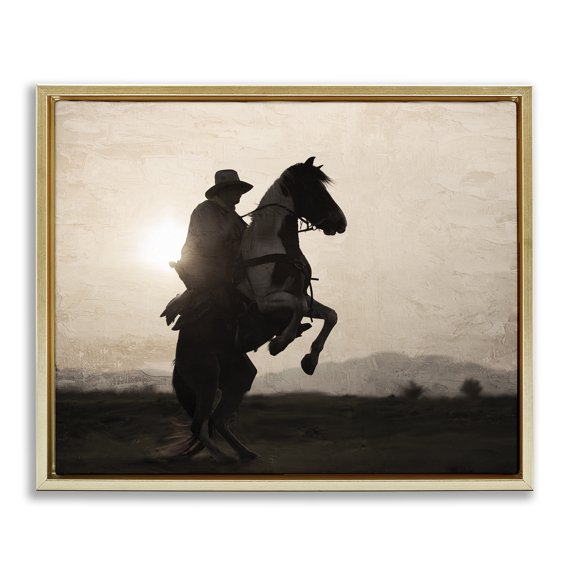 Stupell Industries Rustic Lodge Cowboy & Rearing Horse Gold Floating Frame Canvas Art, 21 x 17, by Kim Allen