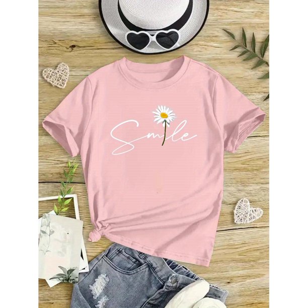 Camiseta estampada "Smile" Daisy para niña - Camiseta informal de algodón negro de manga corta y cuello redondo, lavable a máquina para primavera/verano
