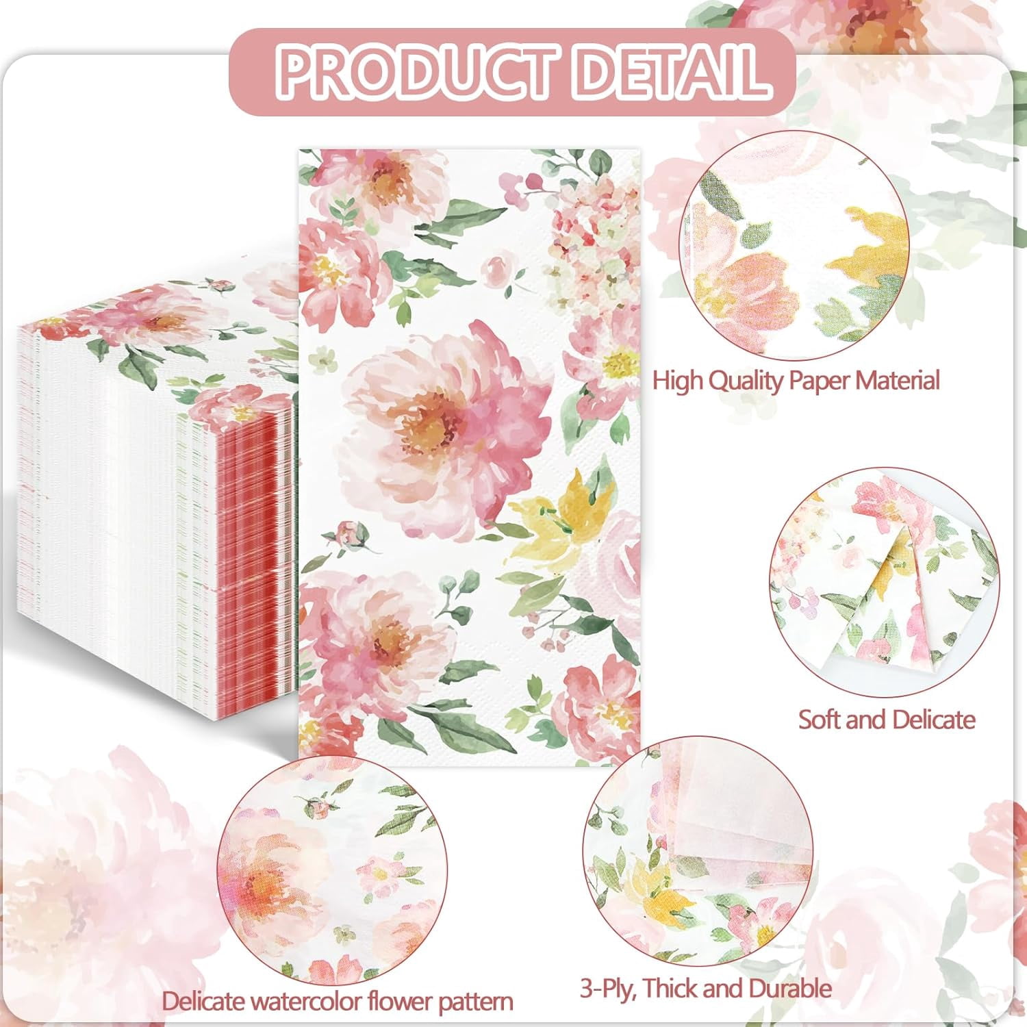100PCS Floral Napkins Watercolor Flower Disposable 3 Ply Decorative Paper Hand Towels for Bathroom Pink Guest Napkins for Wedding Bridal Baby Shower Tea Party Birthday