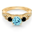 thumbnail image 2 of Gem Stone King 18K Yellow Gold Plated Silver Blue Apatite Black Diamond and White Moissanite Engagement Ring for Women (1.28 Cttw, Gemstone, Round 6MM and 3MM, Size 9), 2 of 4