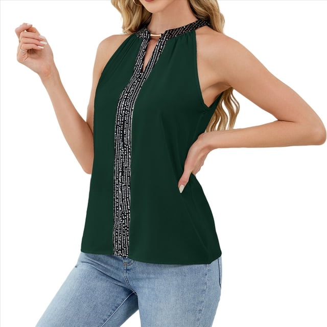 Camisa de con Cuello en V y Sin Mangas para Mujer, para Oficina y Trabajo. Verde XL