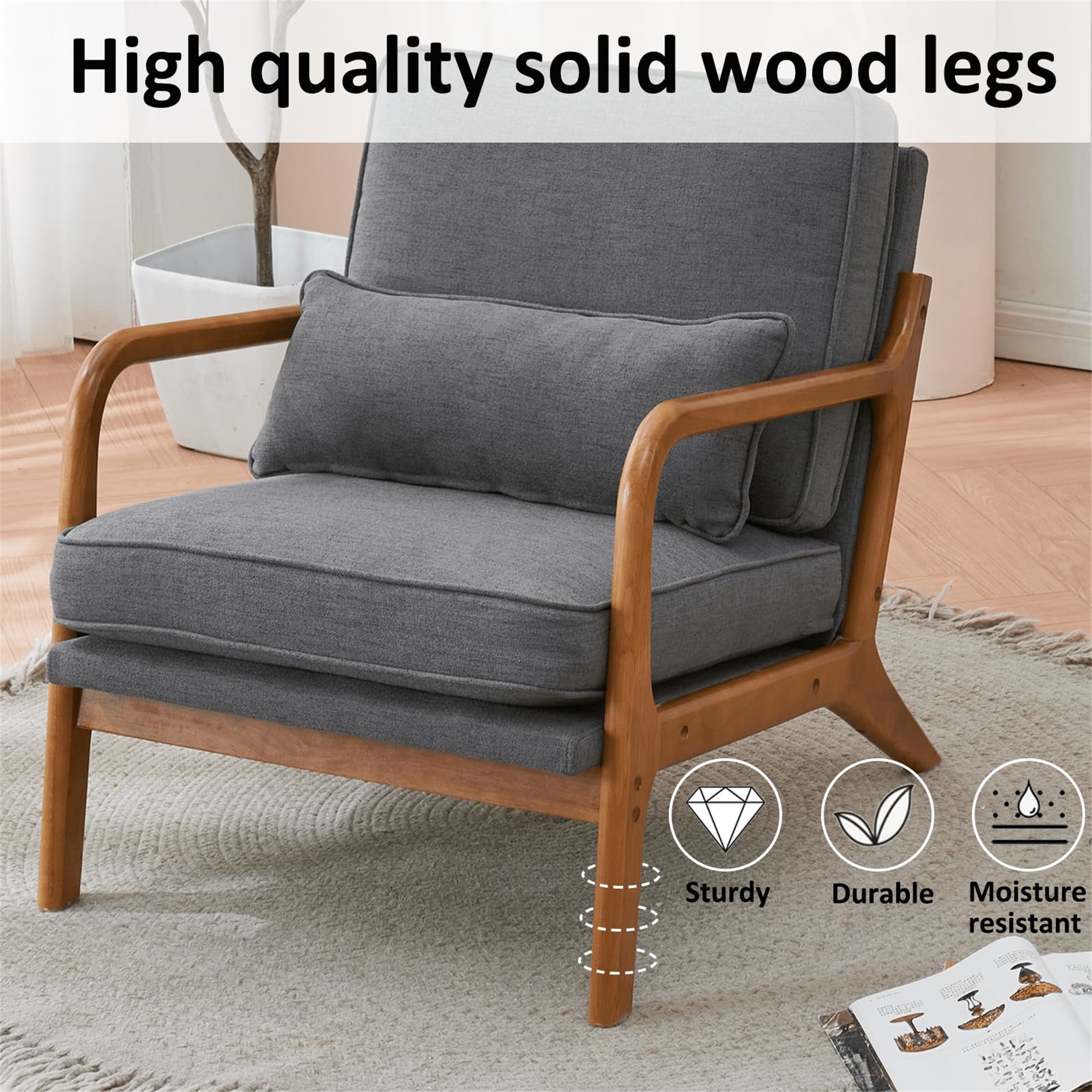 Aukfa Modern Accent Chair w/ Lumbar Pillow for Living Room, Mid Century, Wood Frame, Linen, Gray