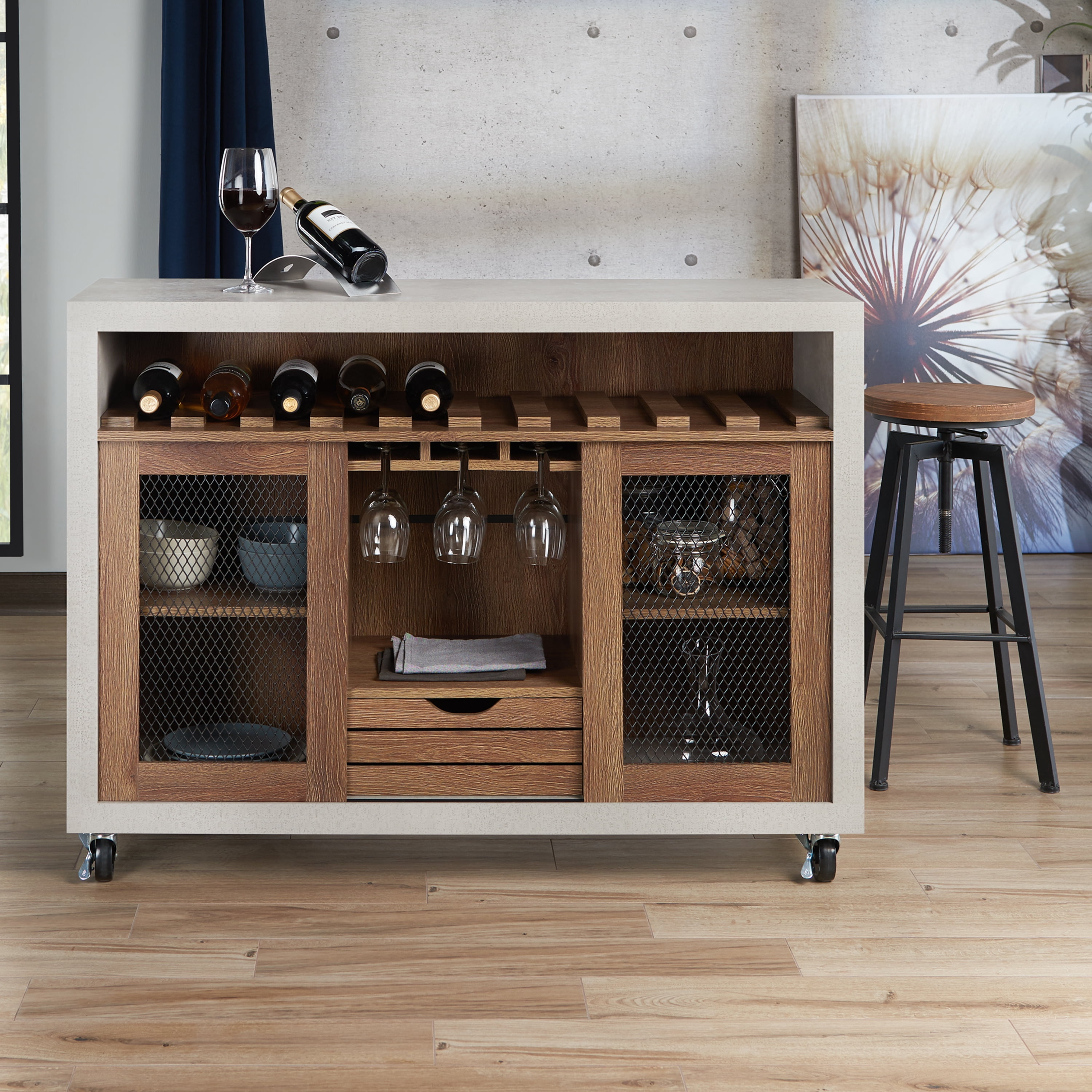 Furniture of America 47" Joslyn Industrial Wood Multi-Storage Sideboard Buffet, Distressed Walnut