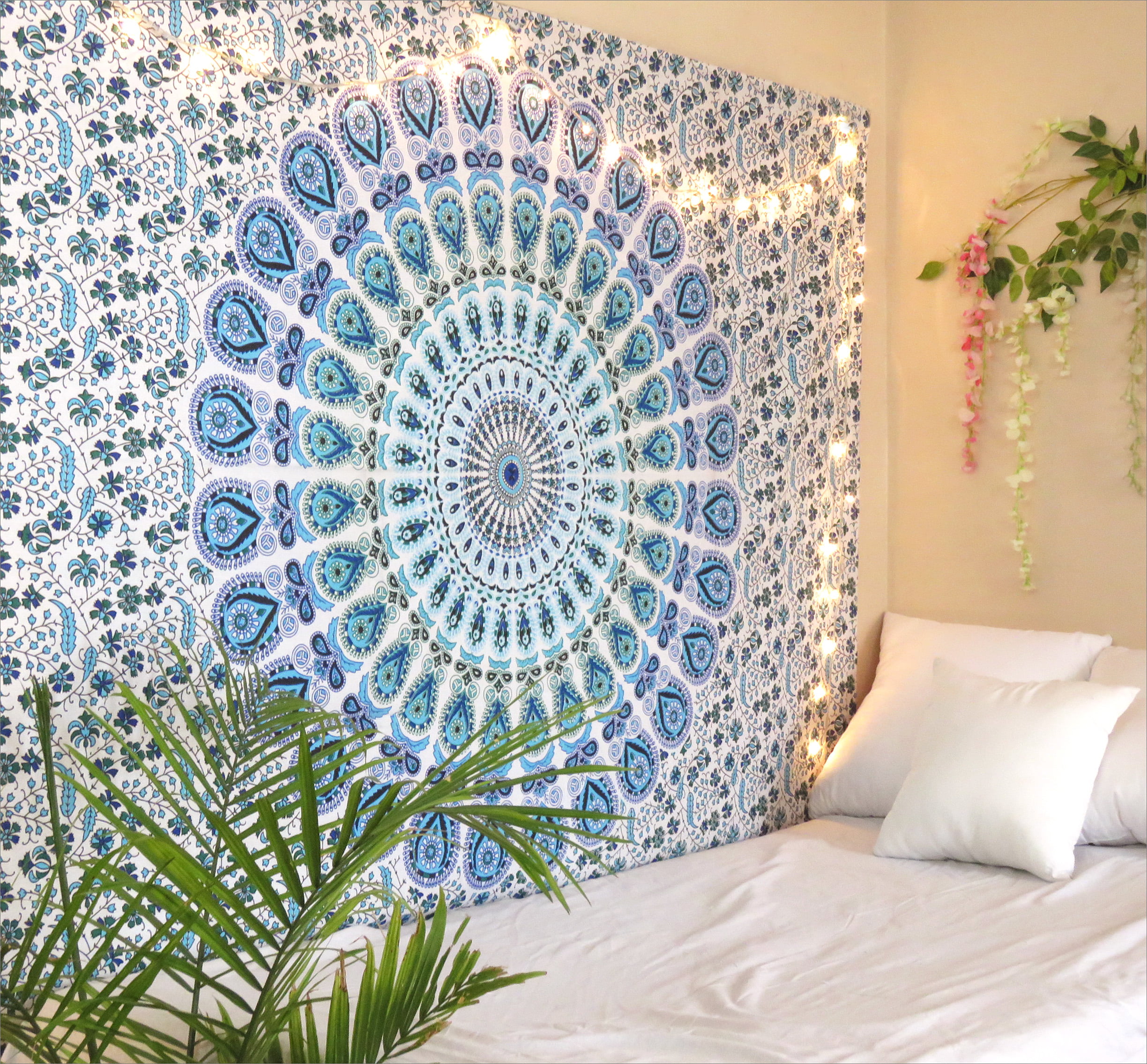 Indian Mandala Peacock Style Wall Hanging Tapestry Twin Size Bedspread Cotton 