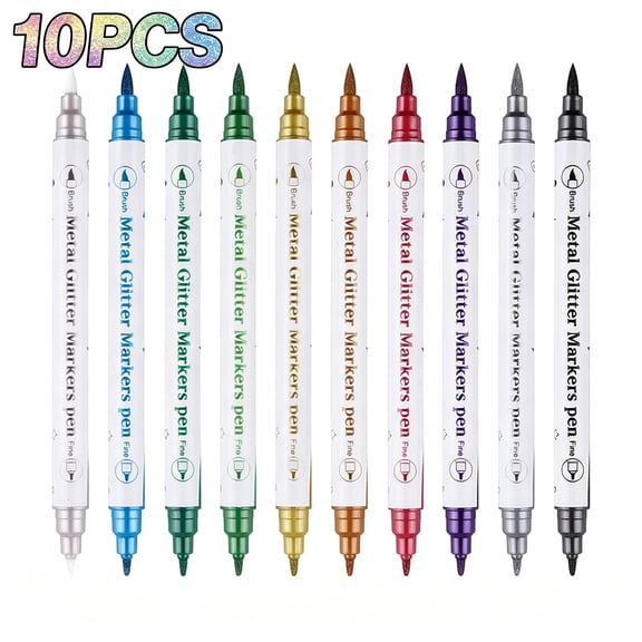 10 Colors Dual Tip Metal Glitter Marker Pens, Fine & Brush Tip Metallic Markers, Double-Ended Pens for Black Paper, Journaling, Hand Lettering, Scrapbooking, Drawing & Art Projects