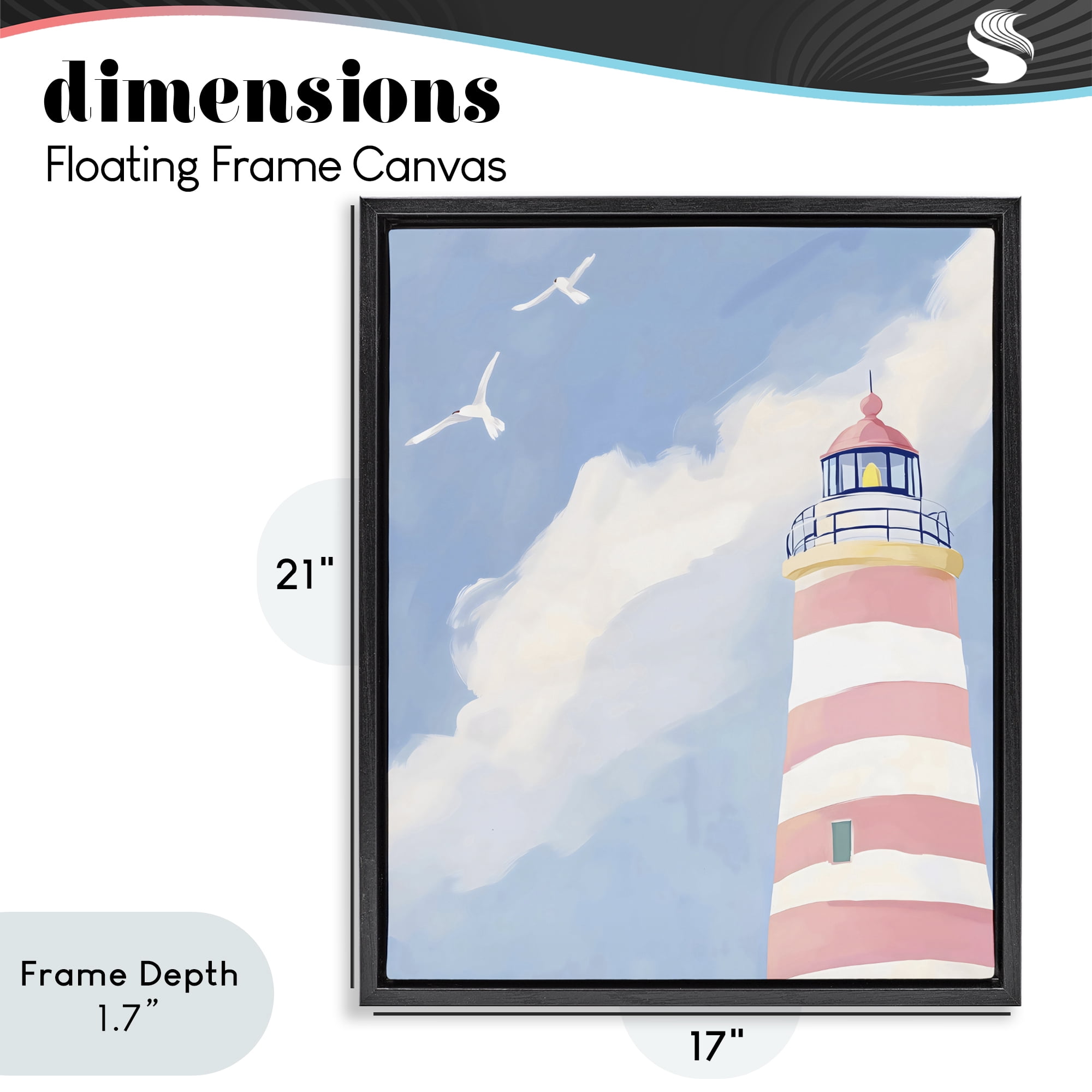 Stupell Industries Striped Lighthouse with Seagulls Black Framed Floater Canvas Wall Art, design by The Prints Vibe