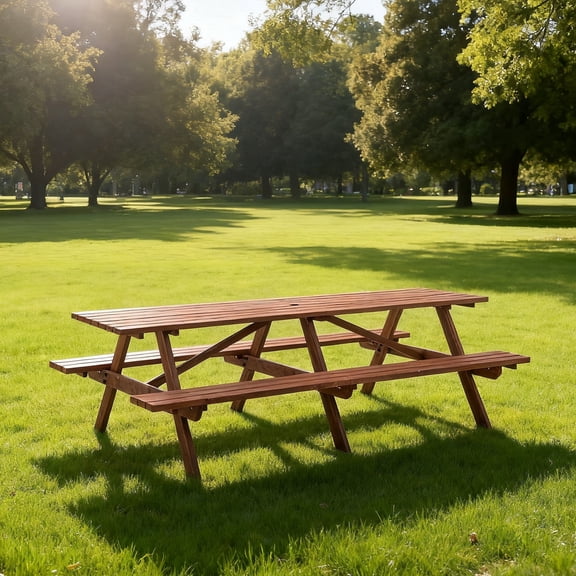 CHENYUEFURN Adult Hardwood Outdoor Dining Sets with Table and Benches, Brown