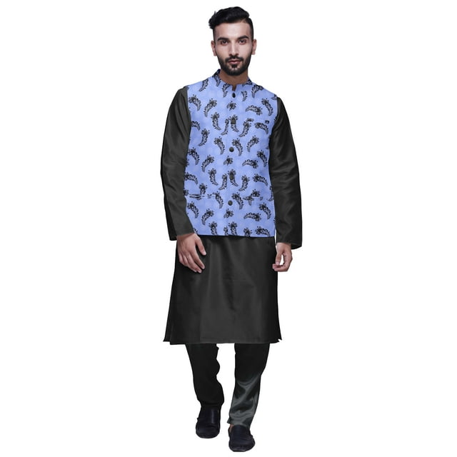 Atasi Ethnic Dupion Silk Kurta Pyajama Set With Printed Nehru Jacket For Mens