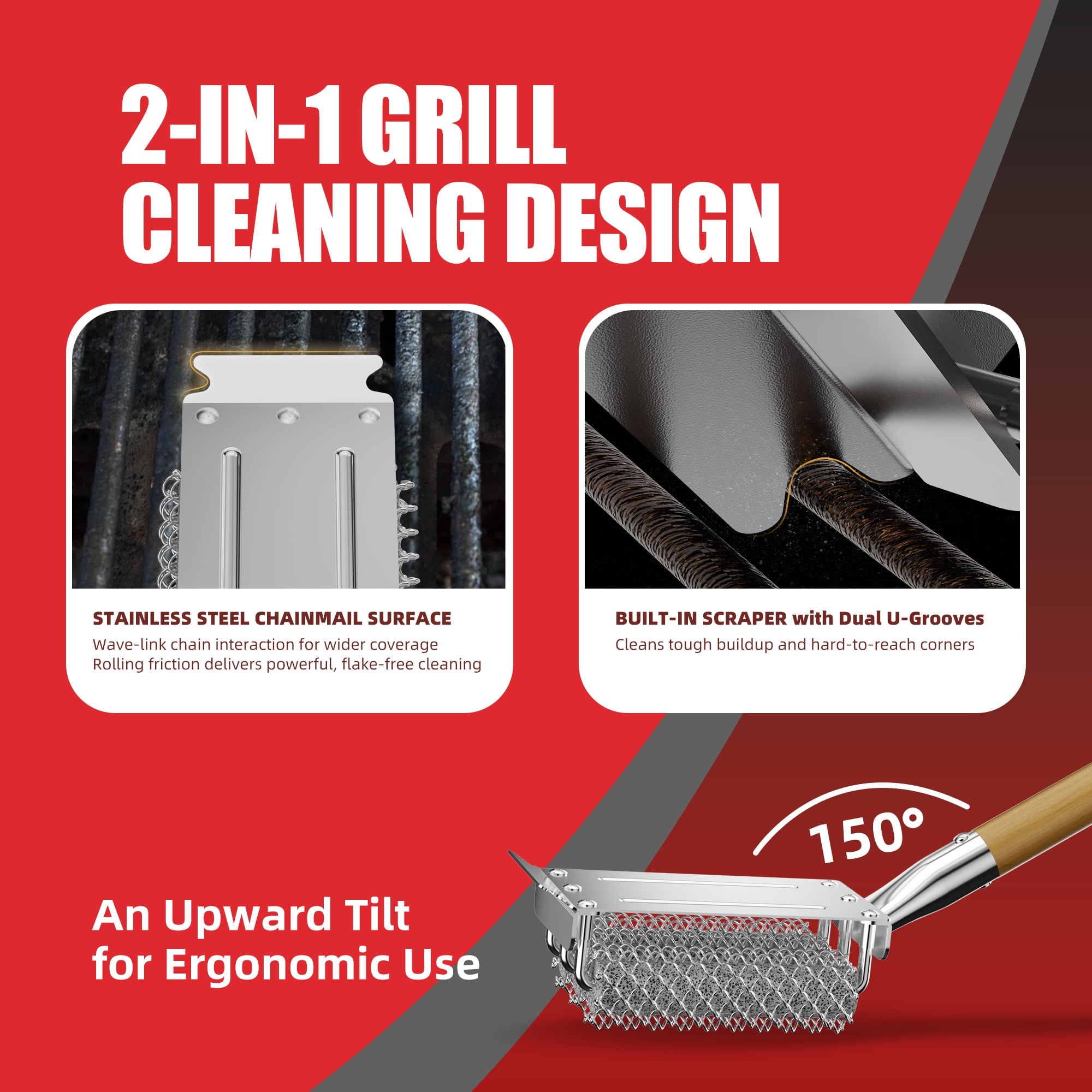 Rosaver Bristle Free Grill Brush and Scraper, BBQ Grill Cleaner with 3 Replacement Heads, 304 Stainless Steel, Safe for Gas, Charcoal & Porcelain Grills
