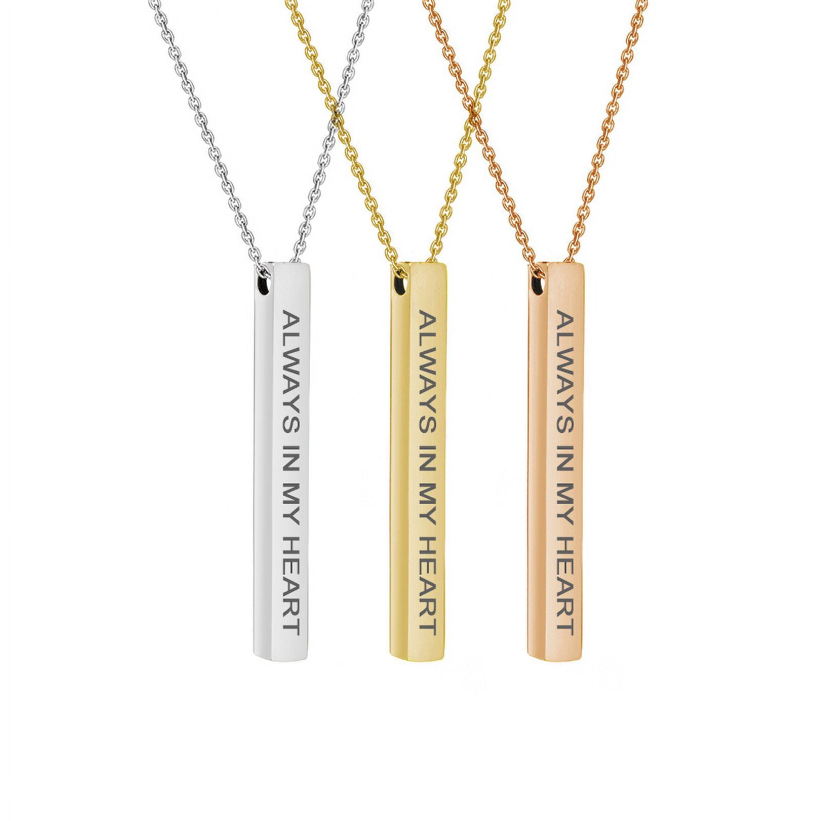 Always In My Heart Rose Gold Stainless Steel Quote Bar Necklace Inspirational 4-Sided Bar Necklace Fathers Day Gift with Gift Box