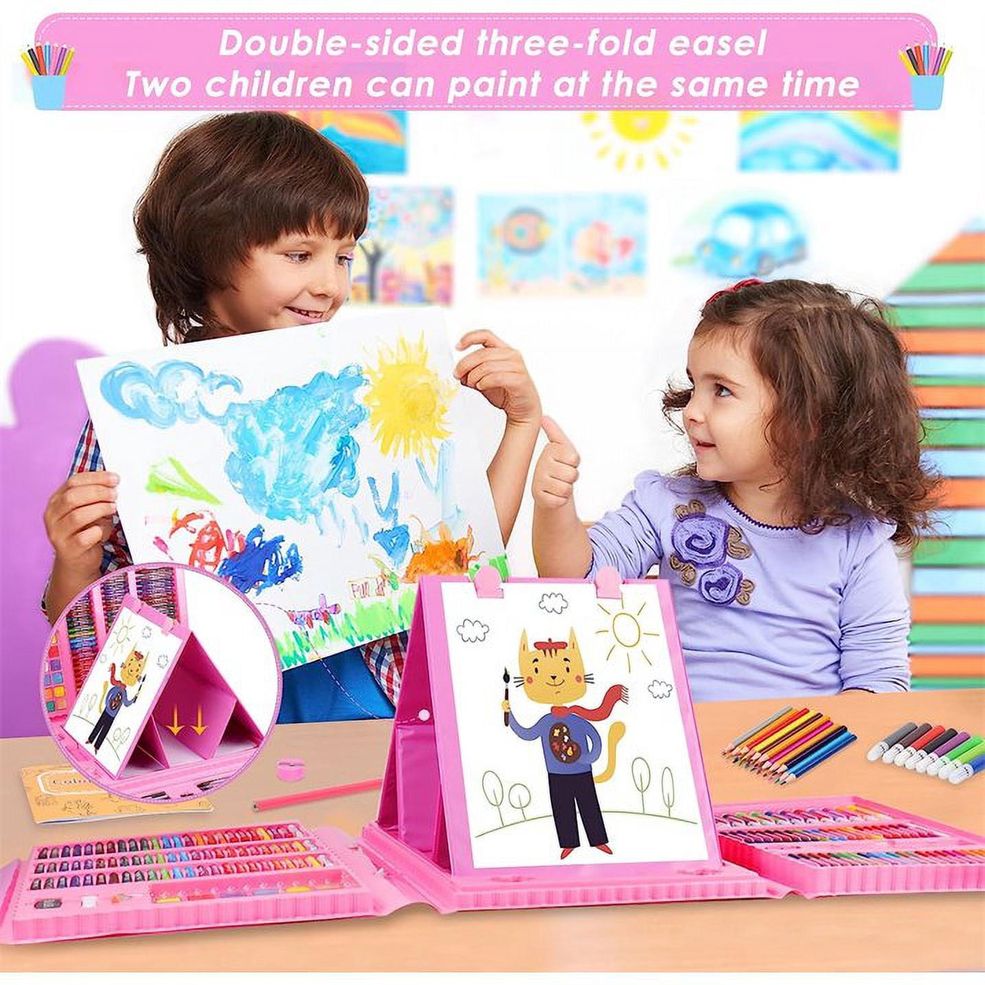 Drawing Art Kit for Kids,Double Sided Trifold Easel Art Set, 208 PCS Art Supplies,Drawing Art Box with Oil Pastels, Crayons, Colored Pencils, Markers, Paint Brush, Watercolor Cakes,Pink