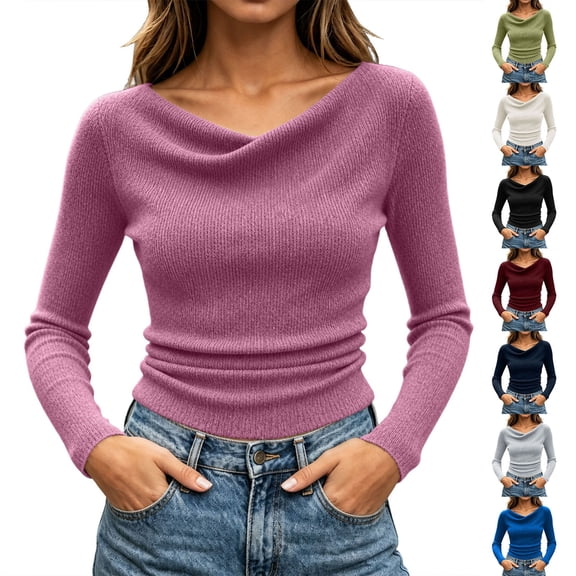 Asxite Women Plus Size Fall Winter Tops Round Neck Long Sleeve Solid Pile Collar Waist Ruched Ribbed Shirts