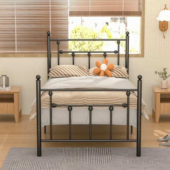 VECELO Twin Size Platform Bed with Victorian Headboard & Footboard, Slats Support, Black
