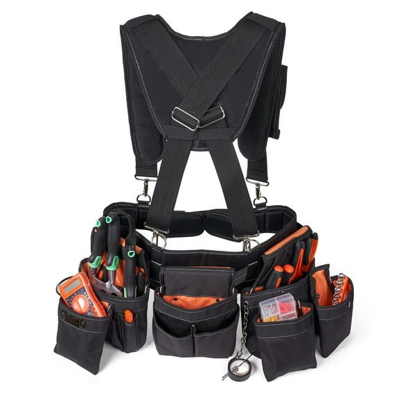 Tool Belt With Suspenders - Tool Belts for Men, 22 Pockets Tool Belt, Heavy Duty Tool Organizer for Framers Carpenter Electrician Construction Woodworker Orange