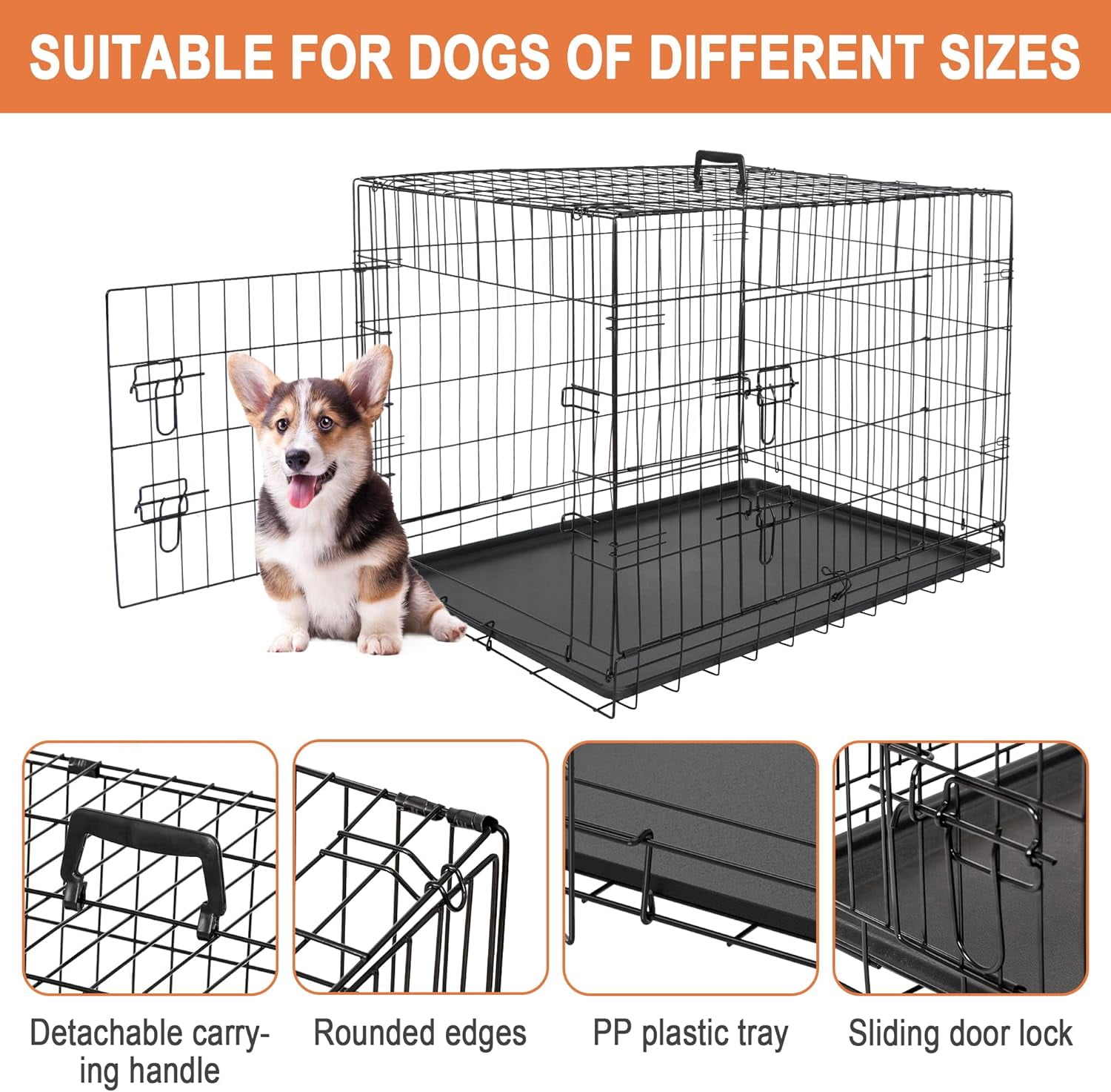 42 inch Dog Crate for Medium Large Dogs Folding Metal Dog Cage Kennel Double Door Pet Crate with Divider and Tray, Black