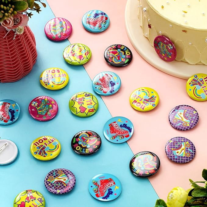36Pcs Roller Skate Party Favors, Roller Skating Button Pins Bulk for Roller Skating Birthday Party Decorations, Tinplate Badge Pins for Retro 90s Throwback Hip Hop Baby Shower Party Supplies