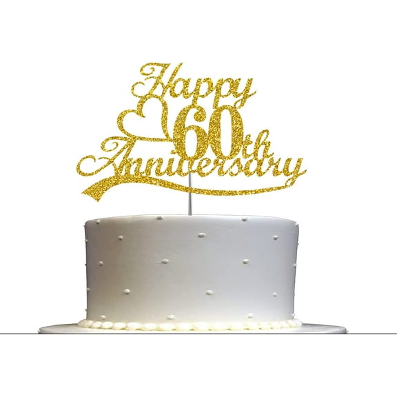 60th Anniversary Cake Topper Gold Glitter, 60 Wedding Anniversary Party Decoration Ideas, Sturdy Doubled Sided Glitter, Acrylic Stick (60th Gold)