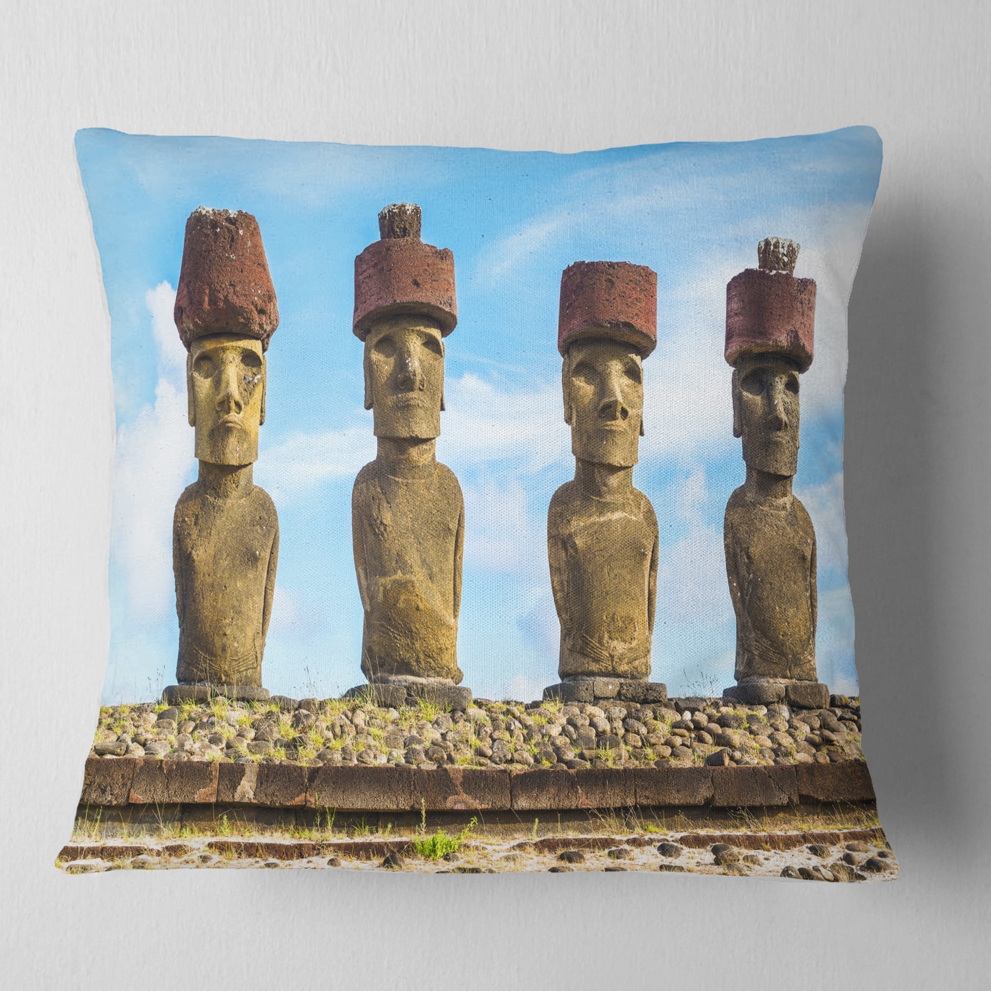 Designart Moai with Red Topknot Hat - Portrait Photo Throw Pillow - 16x16
