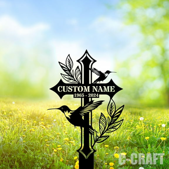 C-CRAFT Custom Hummingbird Cross Memorial Metal Garden Stake Weather Resistant Decor