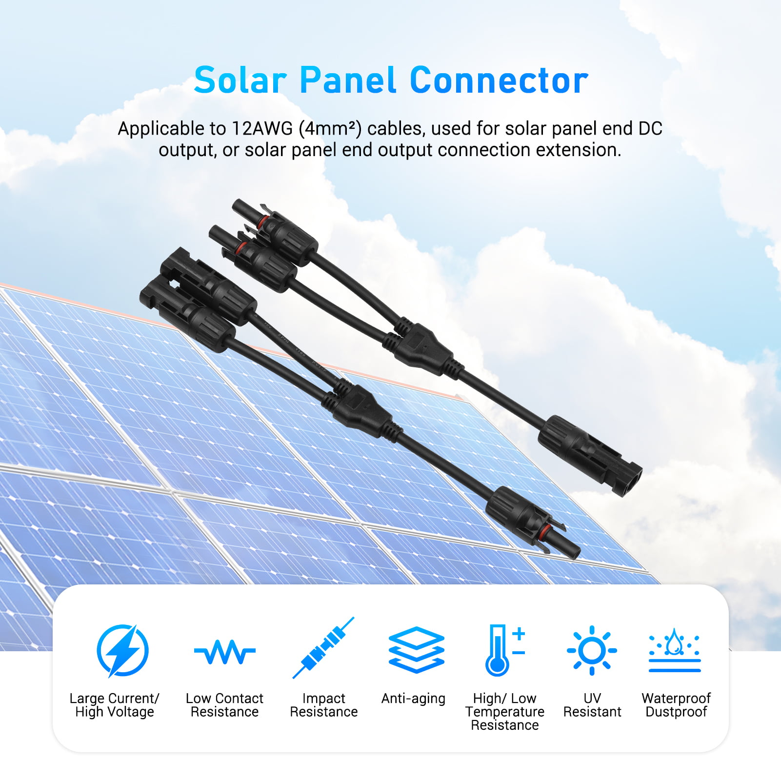 Htovila Y Branch Solar Connectors Parallel Cable Adapter 3-Way Solar Cable  Connector Self-locking IP67 Waterproof PV Panel Male Female Extension  Connector 12AWG 