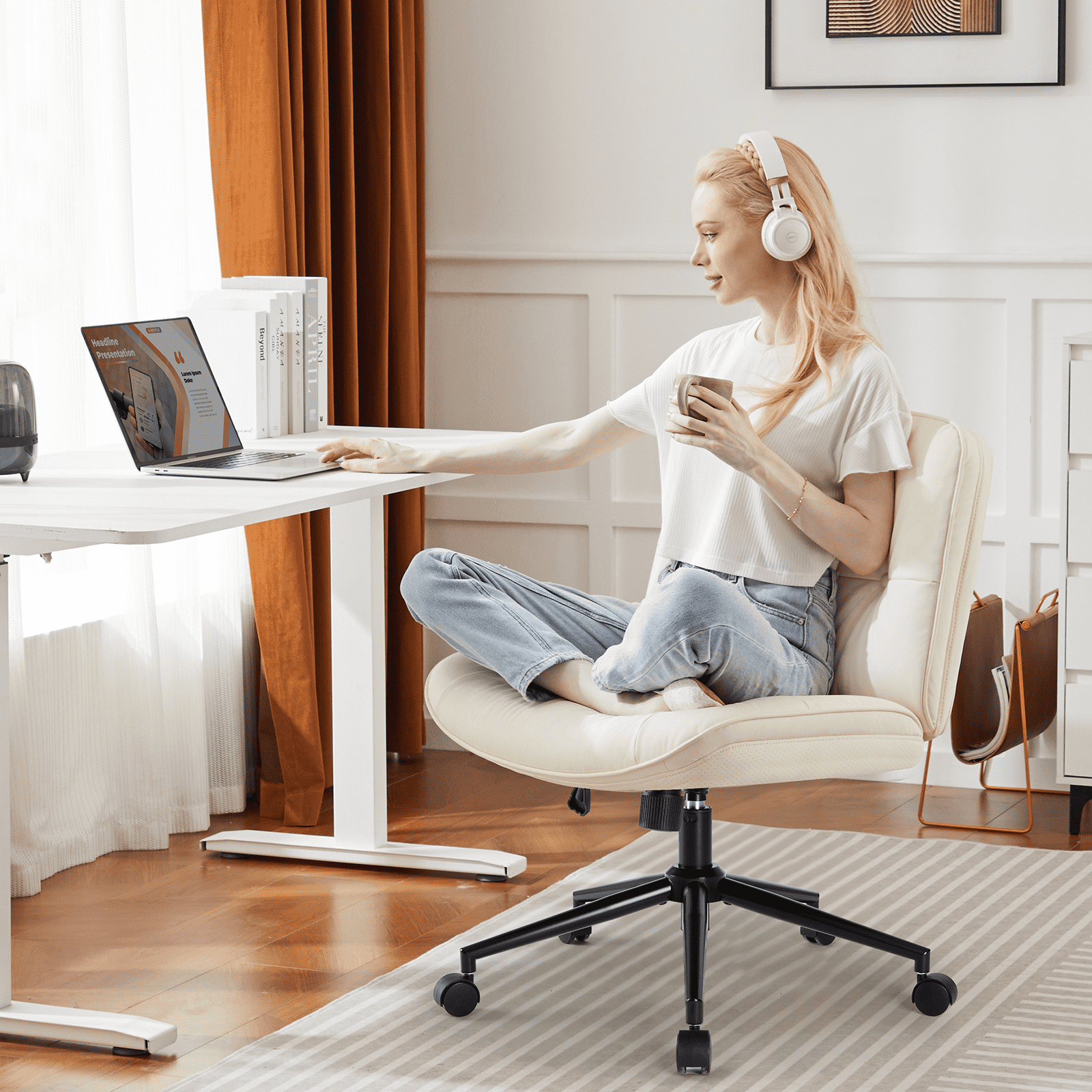 MAYEERTY Criss Cross Legged Office Chair, Armless Wide Seat with Wheels, Swivel Height-Adjustable Comfy Computer Task Seating