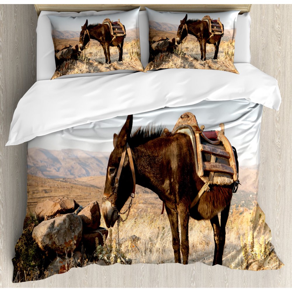 Donkey Duvet Cover Set King Size, Greek Donkey up in the Mountains of