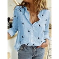 thumbnail image 3 of Womens Boho Floral Cotton Linen Shirt V Neck Button Down Roll Up Long Sleeve Lapel Blouse Tops, 3 of 4