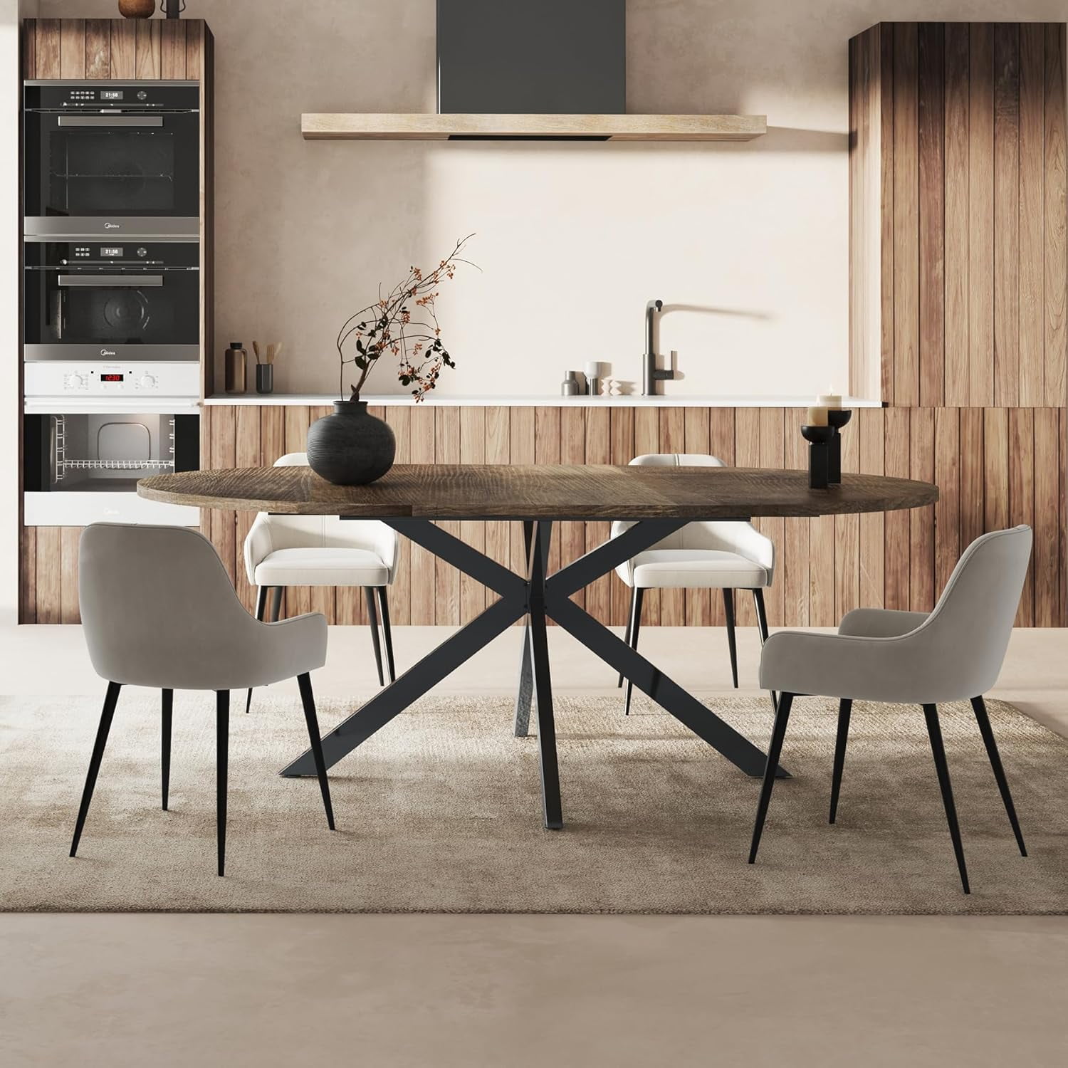 59-inch Extendable Round Dining Table for 4-6 People,  Large Oval Wood Top Kitchen Dinner Tables for Dining Room, Black Brown